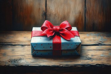 Small gift box wrapped in light blue paper with red polka dots and a large red ribbon bow on a rustic wooden surface conveying warmth and anticipation