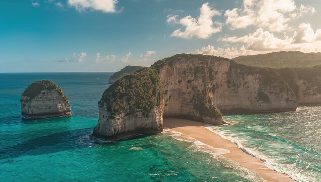 A sheer cliff towers above the transparent sea waters, reflecting an animal-like shape, erosion risk.
