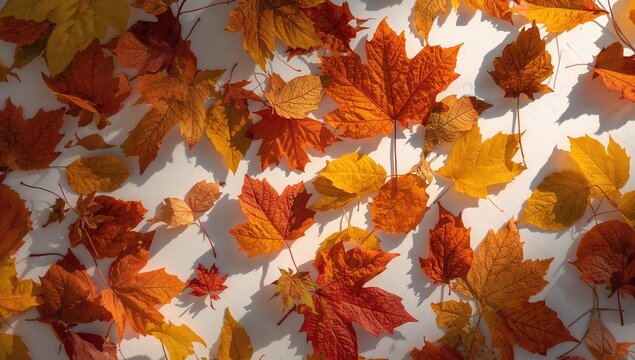 Isolated autumn leaves, vibrant fallen foliage casting shadows on a white surface, seasonal change
