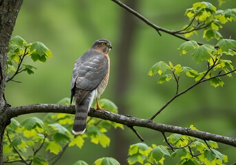 A majestic hawk perches on a tree branch, observing its surroundings in a lush green forest.