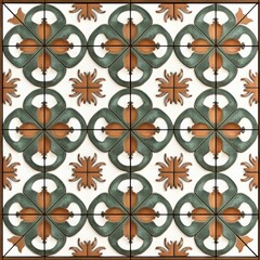 Symmetrical pattern of green and brown floral shapes on white square tiles arranged in a grid creating a repeating decorative design