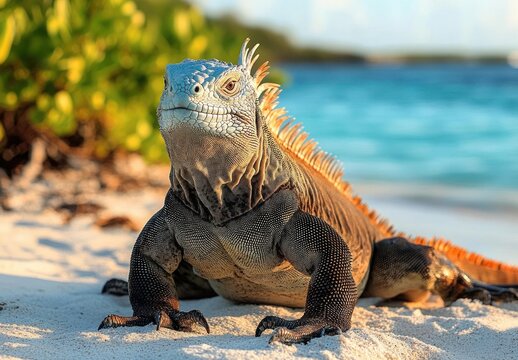 Large iguana basking on sandy beach near shoreline with ocean and green vegetation in the background under bright daylight - Powered by Adobe
