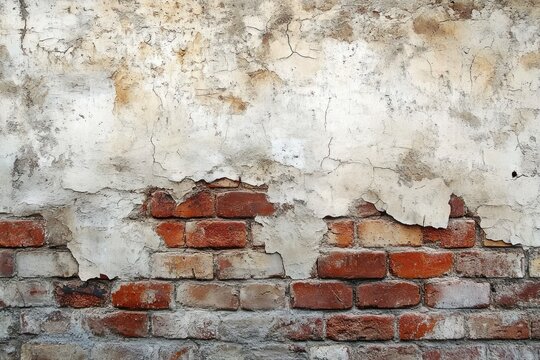 weathered brick wall with peeling white plaster revealing red bricks underneath, showing signs of age and deterioration - Powered by Adobe