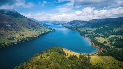 Aerial perspective of a summer lake with turquoise water and lush green shoreline, showcasing seasonal change