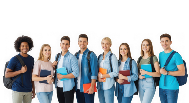 Diverse group of happy young students smiling with books and backpacks.