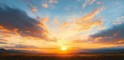 Vibrant sunset over rolling hills and mountains under a dramatic sky with scattered clouds and warm glowing light