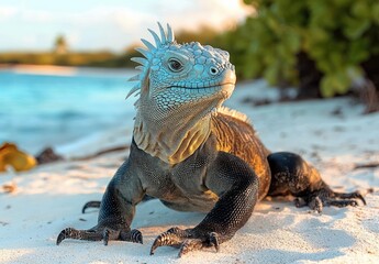 Obraz premium Close-up of a large iguana with textured scales resting on white sand near green foliage by a calm blue sea under soft sunlight