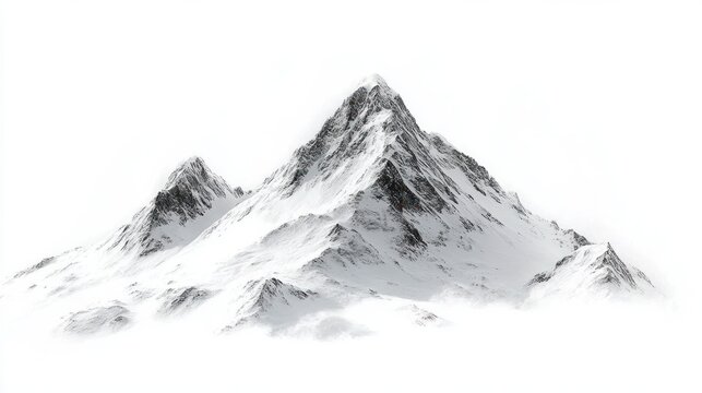 Snow-covered sharp mountain peaks emerging from mist on a white background conveying cold and isolation - Powered by Adobe