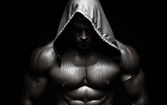 muscular man with hooded top looking down in dramatic low light with sweat on chest and arms showing intense focus and strength