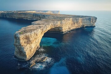 Natural rocky sea arch formation extending over deep blue calm ocean waters under clear sky