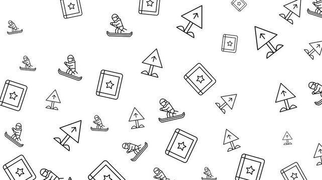 White background with scattered skiing book and direction icons. Perfect for winter sportsthemed designs such as posters, social media graphics, and website banners.