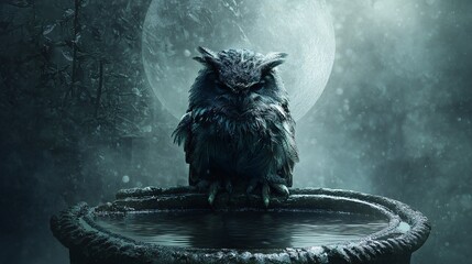 illustration of a single, majestic owl perched on a stone birdbath. The water in the birdbath is dark and still, and it perfectly reflects a beautiful, ghostly full moon. The owl is the bridge 