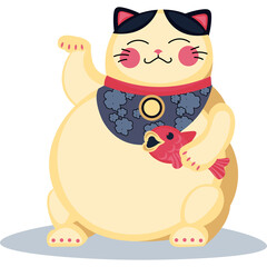 Lucky Cat Maneki Neko With Raised Paw And Red Fish In Flat Cartoon Design With Japanese Culture Elements