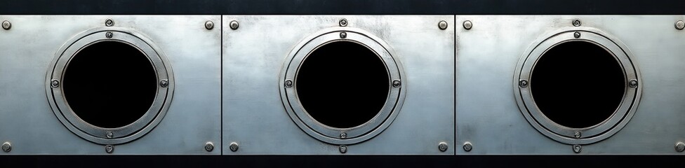 Three evenly spaced round porthole windows with metal frames and bolts mounted on a steel panel