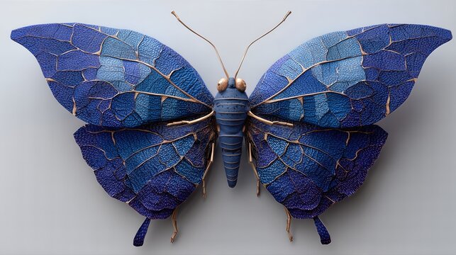 Fantasy Blue Butterfly With Leaf-Like Patterned Wings In Fractal Vein Design. Macro View Of Art Insect With Abstract Texture And Detailed Symmetry