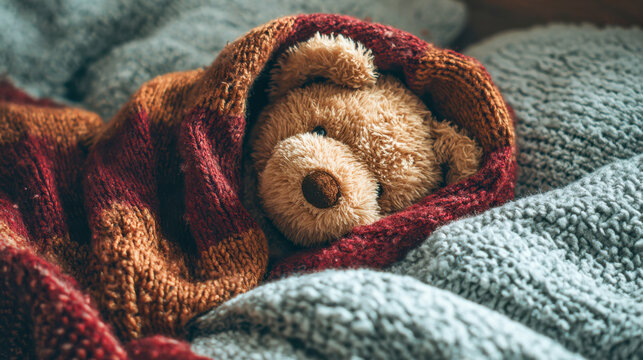 Teddy bear sleeping wrapped in a warm knitted blanket