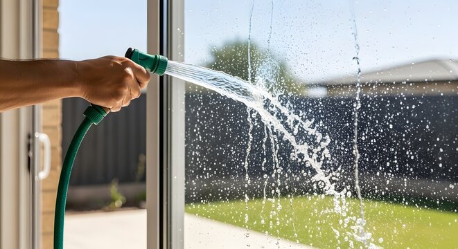Water hose spraying clear water on glass door outdoors on a sunny day for home and garden cleaning concepts - Powered by Adobe
