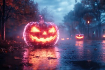 Naklejka premium Futuristic Halloween pumpkin glows in the rain on a digital-themed street