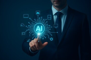 Business innovation concept with businessman interacting with digital holographic interface and futuristic data visualization