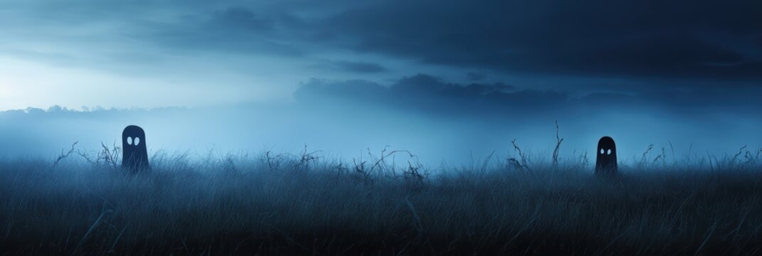 Chilling Halloween scene with ghostly figures in a foggy landscape