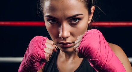 Determined female boxer in action with pink hand wraps in boxing ring, fitness and strength training theme