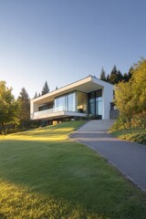 A contemporary home nestled in the tranquil countryside features expansive glass windows that frame breathtaking views of the verdant landscape on a clear afternoon