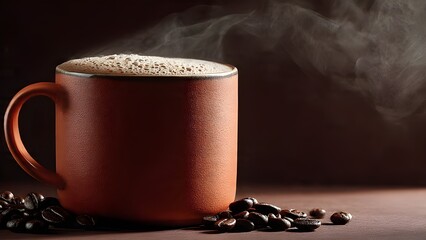 national cappuccino day with hot caffeine idea steaming mug of coffee with glowing particles on a dark background