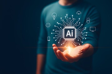Artificial intelligence concept showing glowing AI chip and digital network connections in human hand