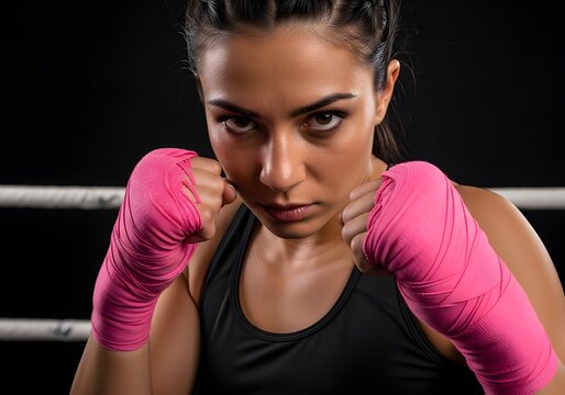 Determined female boxer in pink hand wraps in boxing ring, fitness and strength motivation