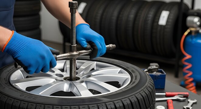 Tire repair and maintenance concept with mechanic using tools in workshop garage setting for automotive care