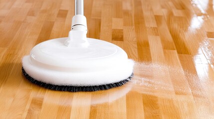 Cleaning a polished parquet floor with an electric mop producing foam and water in a bright indoor space