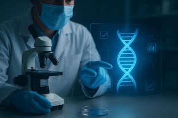 Scientist conducting advanced medical research with digital data analysis and biotechnology equipment in modern laboratory
