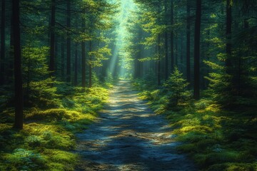 Obraz premium Sunlight filtering through a dense pine forest path creates a serene atmosphere