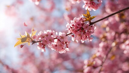 A branch laden with cherry blossoms, sunlight filtering through the blooms, seasonal change