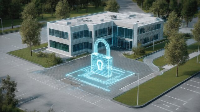 Digital security concept depicting a holographic padlock in front of a modern office building to represent cybersecurity and physical safety measures