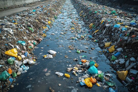 Overflowing landfill contrasts with clean recycling environment in urban area