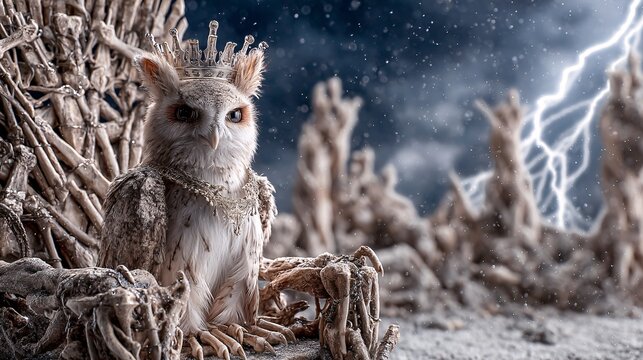 owl with glowing feathers sitting on a throne made of twisted roots and bones. Background features a stormy sky and lightning bolts. Design includes space for title overlay above. Halloween 