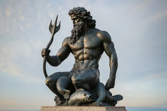 Bronze statue of a muscular merman figure with a trident sitting on large fish against a cloudy sky background