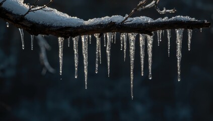 Icicles dangling from a tree branch, sunlight illuminating the ice, seasonal change