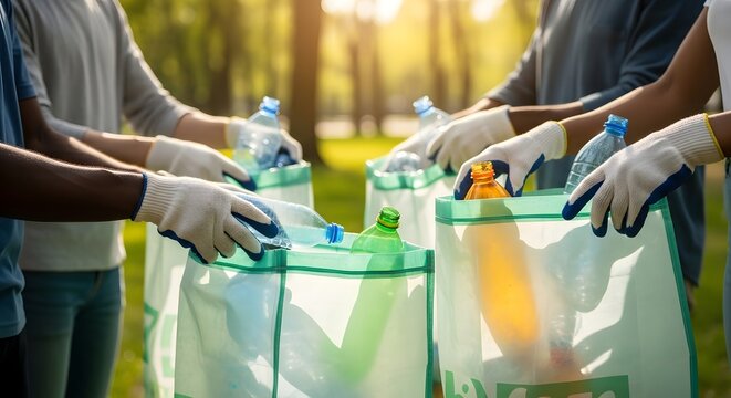 Community effort for environmental conservation with people collecting recyclable plastic bottles outdoors