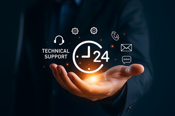 24/7 Technical Support and Customer Service Concept — Business Assistance and Communication Icons