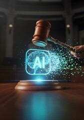 Artificial intelligence justice concept with gavel and digital brain for legal innovation and cyber law themes