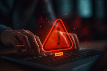 Cybersecurity Alert Concept – Glowing Red Warning Symbol on Laptop Indicating System Threat or Data Breach
