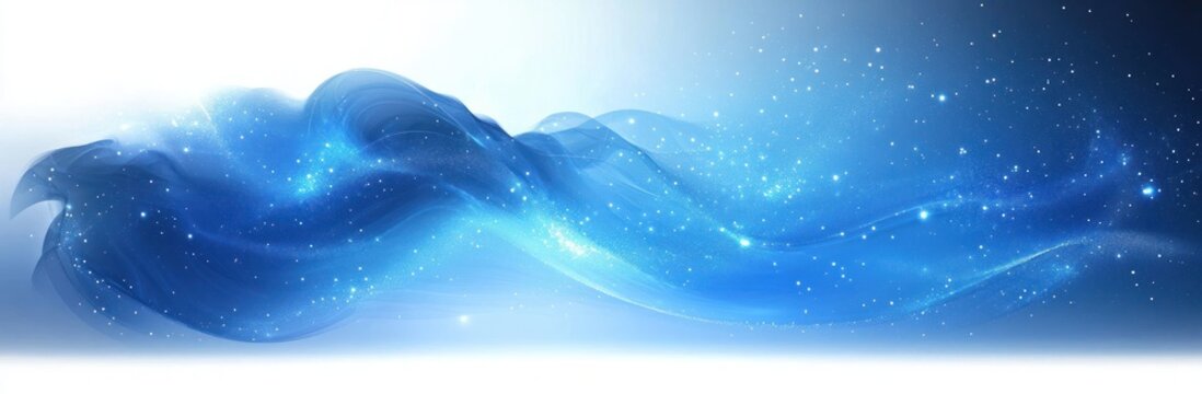 Abstract flowing blue wave of light and sparkles creating a dynamic, ethereal, and cosmic atmosphere on a white to dark blue gradient background