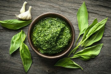 Bowl of fresh green pesto sauce surrounded by garlic cloves and fresh basil leaves on rustic wooden surface