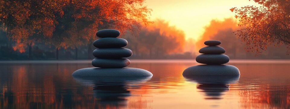 Two stacks of smooth black stones balanced on a calm water surface surrounded by autumn trees with vibrant orange foliage during a warm peaceful sunset - Powered by Adobe