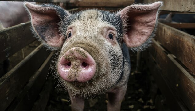 Close-up of an adorable piglet with a muddy nose, farm animal portrait - Powered by Adobe