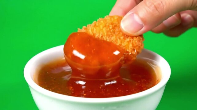 Hand dipping nugget into sauce &mdash; chroma key