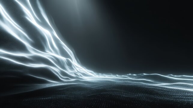 Abstract luminous wave pattern flowing in dark space, futuristic light trails creating dynamic textures for digital art and technology backgrounds