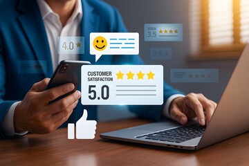 Businessman using smartphone to check customer satisfaction and online reviews with 5 star rating in modern office concept
